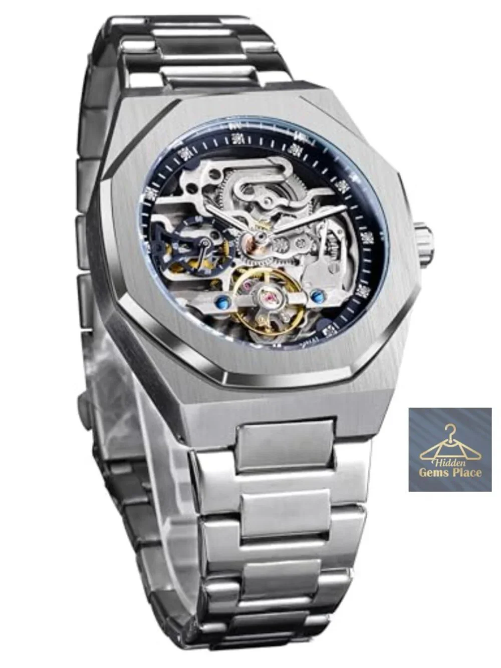 Men's Automatic Self-Wind Mechanical Watch Stainless Steel Skeleton Dial